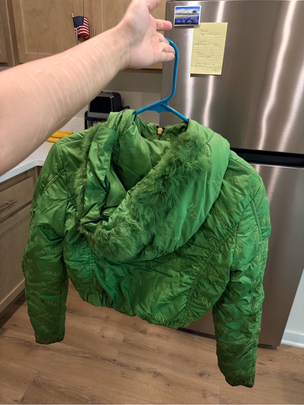 Women’s Green Cropped G-Unit Puffer Jacket with  Fur Trim